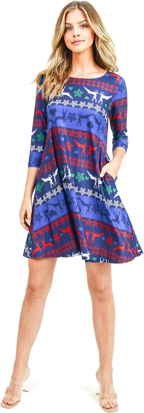 Women’s Printed Crew Neck A-Line Dresses with Pockets Casual Tropical Floral Novelty Animal Christmas Patterns