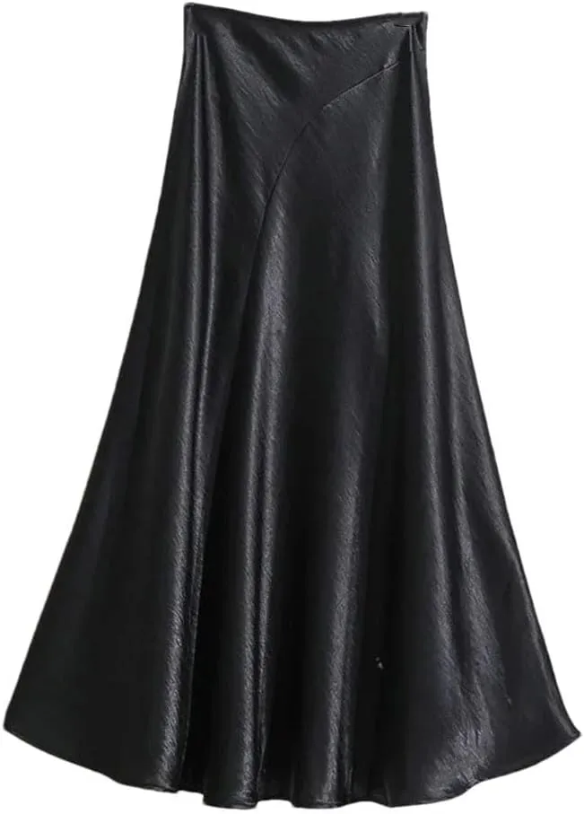 Women's Satin Fishtail Skirt Splicing A-Line Office Lady Long Skirt