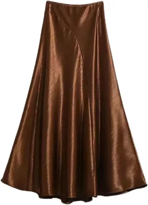 Women's Satin Fishtail Skirt Splicing A-Line Office Lady Long Skirt