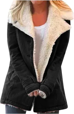 Womens Sherpa Lined Denim Jacket Lapel Collar Coat Plus Size Long Sleeve Button Down Outerwear Warm Winter Coats