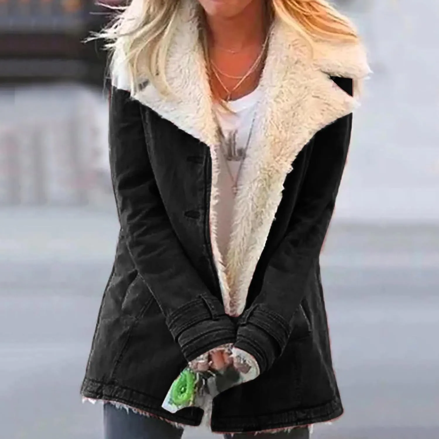 Womens Sherpa Lined Denim Jacket Lapel Collar Coat Plus Size Long Sleeve Button Down Outerwear Warm Winter Coats