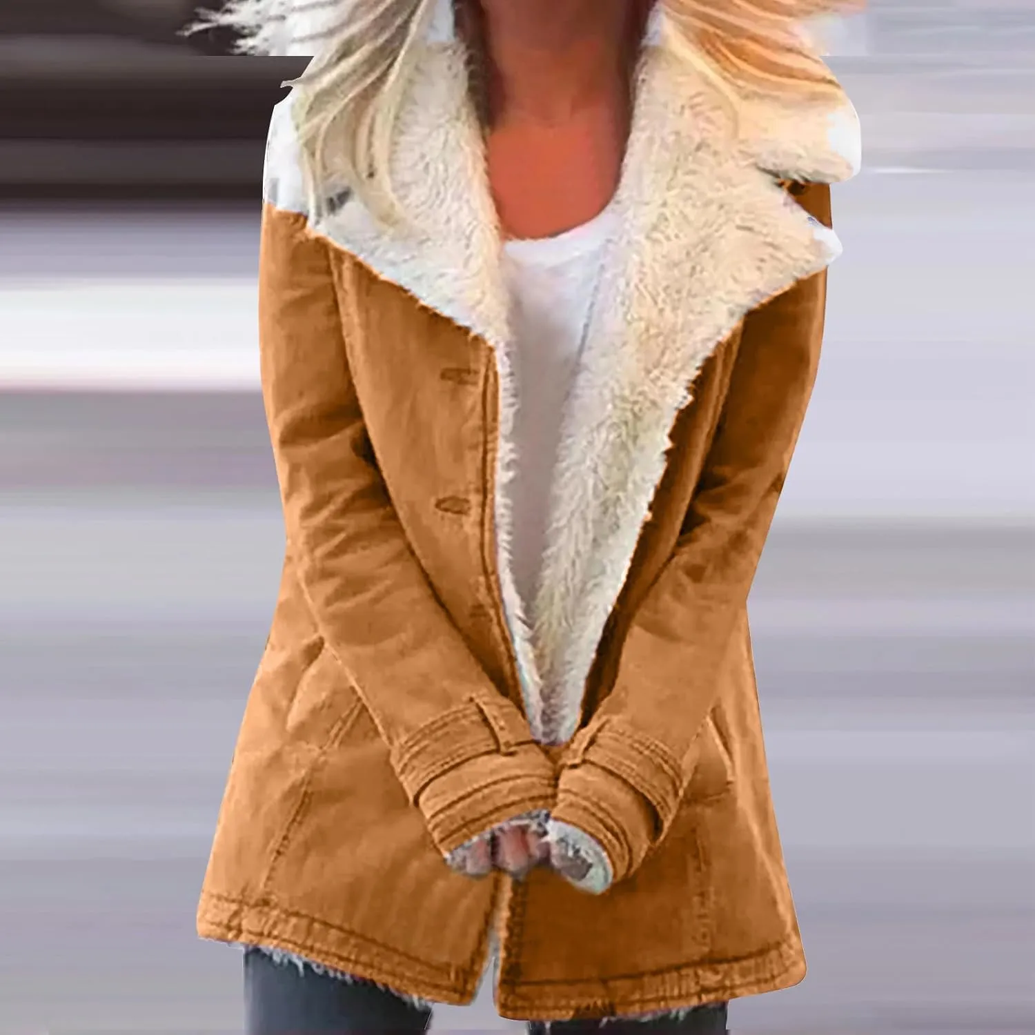 Womens Sherpa Lined Denim Jacket Lapel Collar Coat Plus Size Long Sleeve Button Down Outerwear Warm Winter Coats