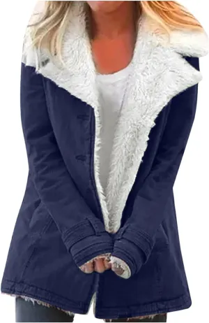 Womens Sherpa Lined Denim Jacket Lapel Collar Coat Plus Size Long Sleeve Button Down Outerwear Warm Winter Coats
