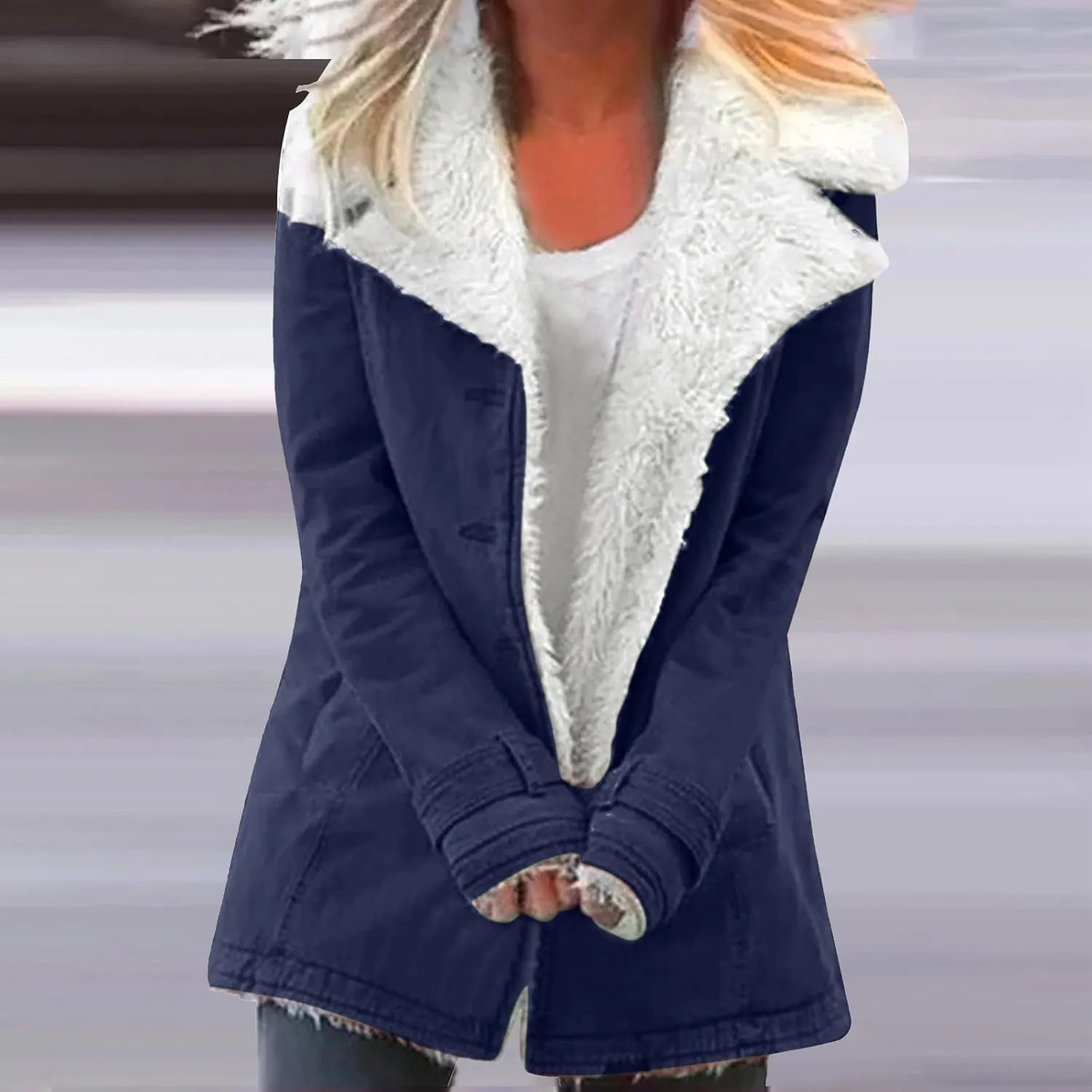 Womens Sherpa Lined Denim Jacket Lapel Collar Coat Plus Size Long Sleeve Button Down Outerwear Warm Winter Coats