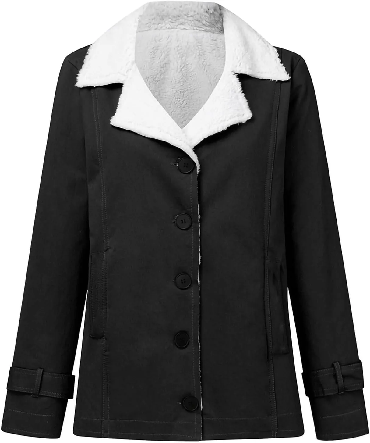 Womens Sherpa Lined Denim Jacket Lapel Collar Coat Plus Size Long Sleeve Button Down Outerwear Warm Winter Coats