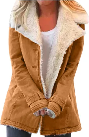 Womens Sherpa Lined Denim Jacket Lapel Collar Coat Plus Size Long Sleeve Button Down Outerwear Warm Winter Coats