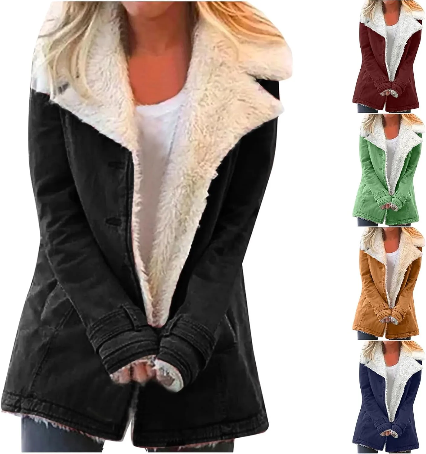 Womens Sherpa Lined Denim Jacket Lapel Collar Coat Plus Size Long Sleeve Button Down Outerwear Warm Winter Coats