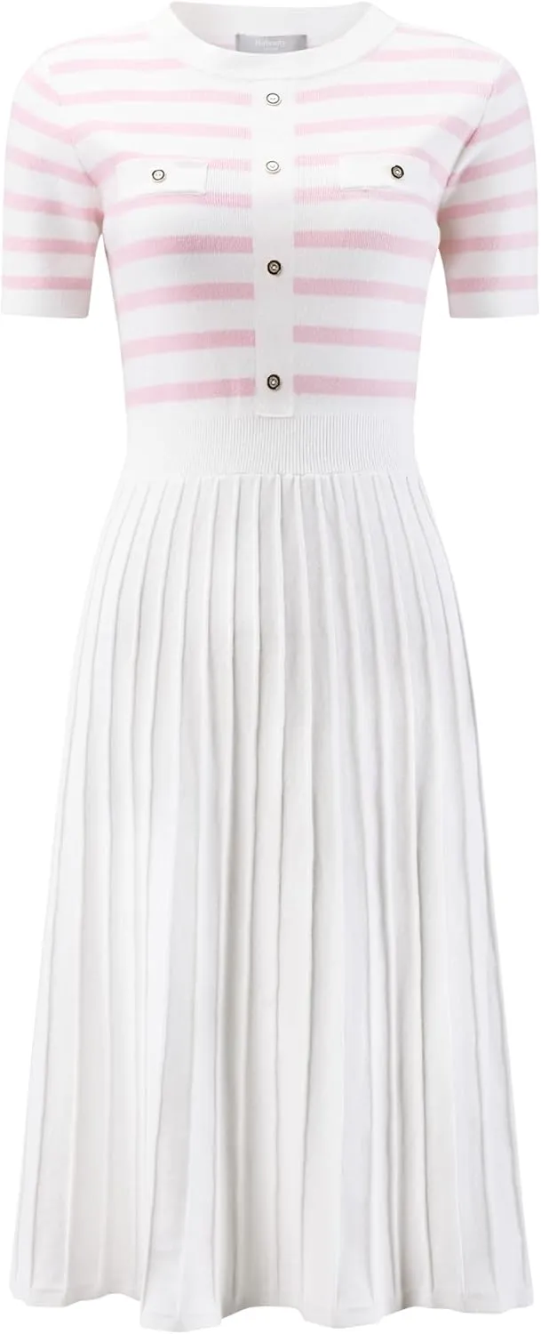 Women's Short Sleeve Sweater Dress Striped Printed Pleated Summer A-Line Knit Dresses
