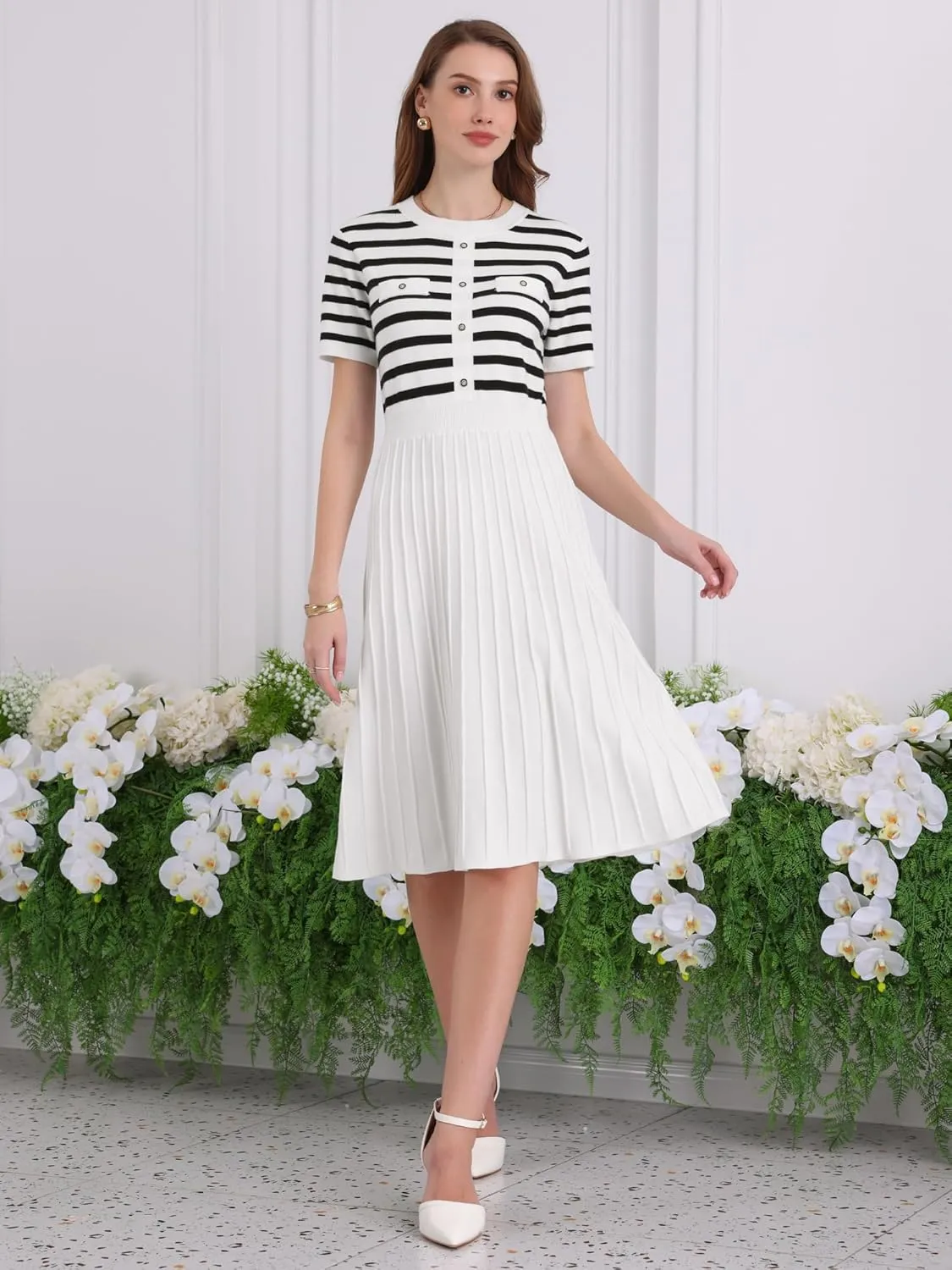 Women's Short Sleeve Sweater Dress Striped Printed Pleated Summer A-Line Knit Dresses