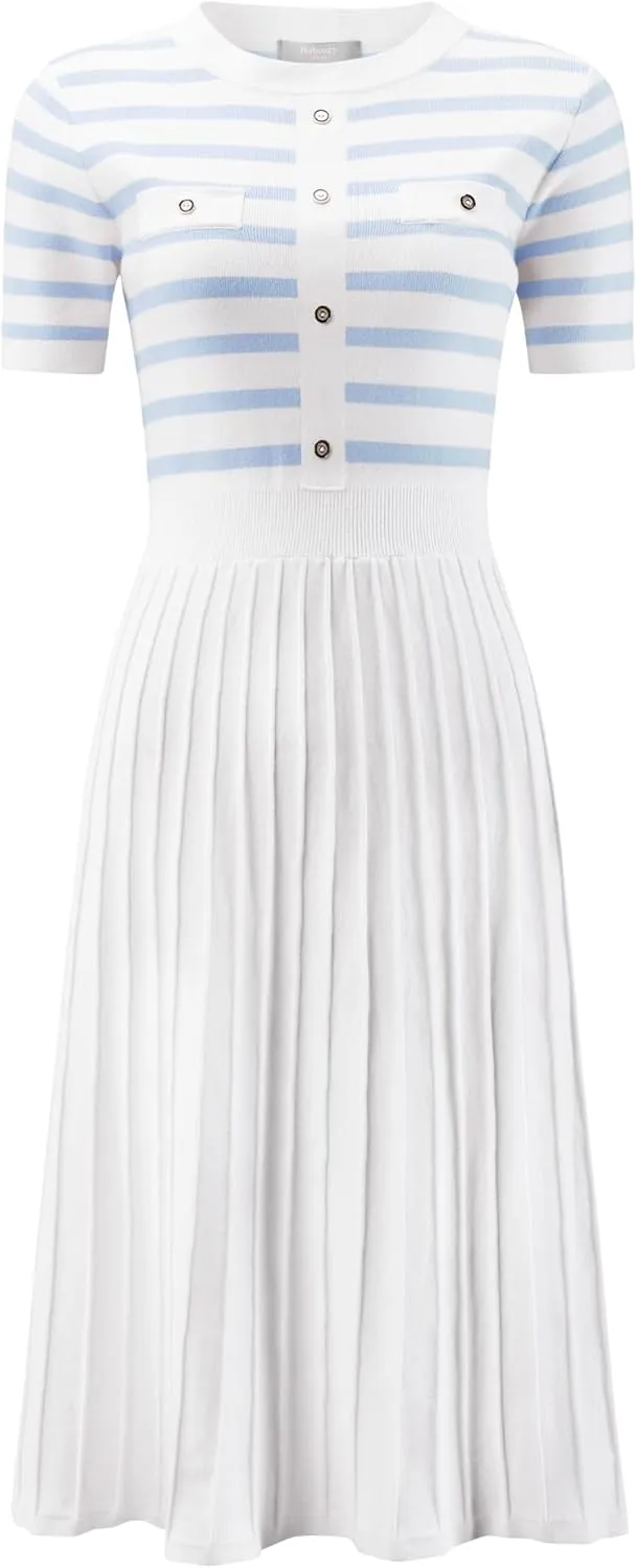 Women's Short Sleeve Sweater Dress Striped Printed Pleated Summer A-Line Knit Dresses