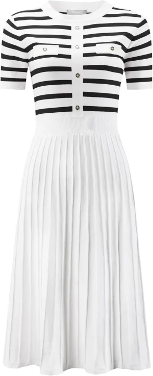 Women's Short Sleeve Sweater Dress Striped Printed Pleated Summer A-Line Knit Dresses