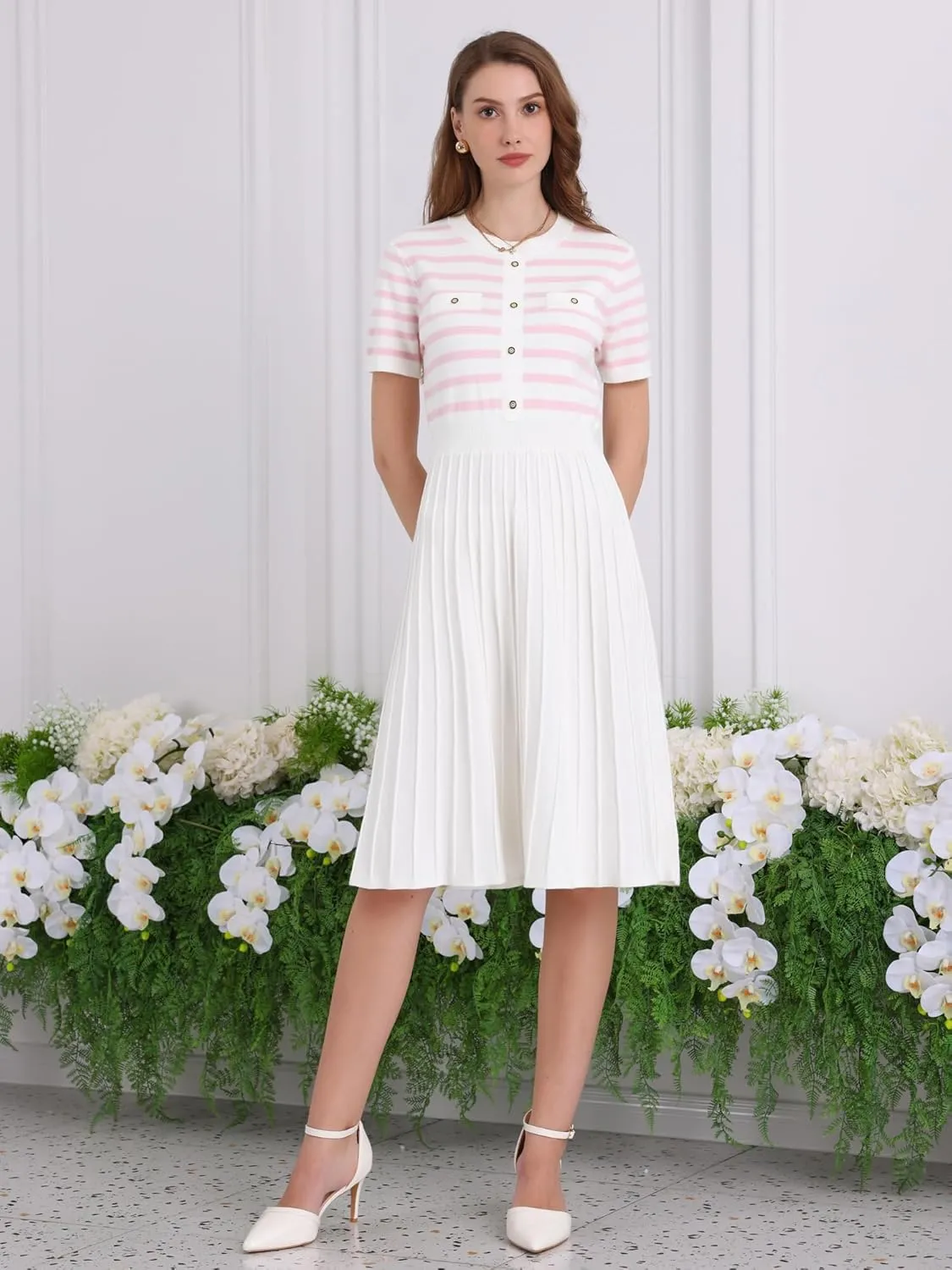 Women's Short Sleeve Sweater Dress Striped Printed Pleated Summer A-Line Knit Dresses
