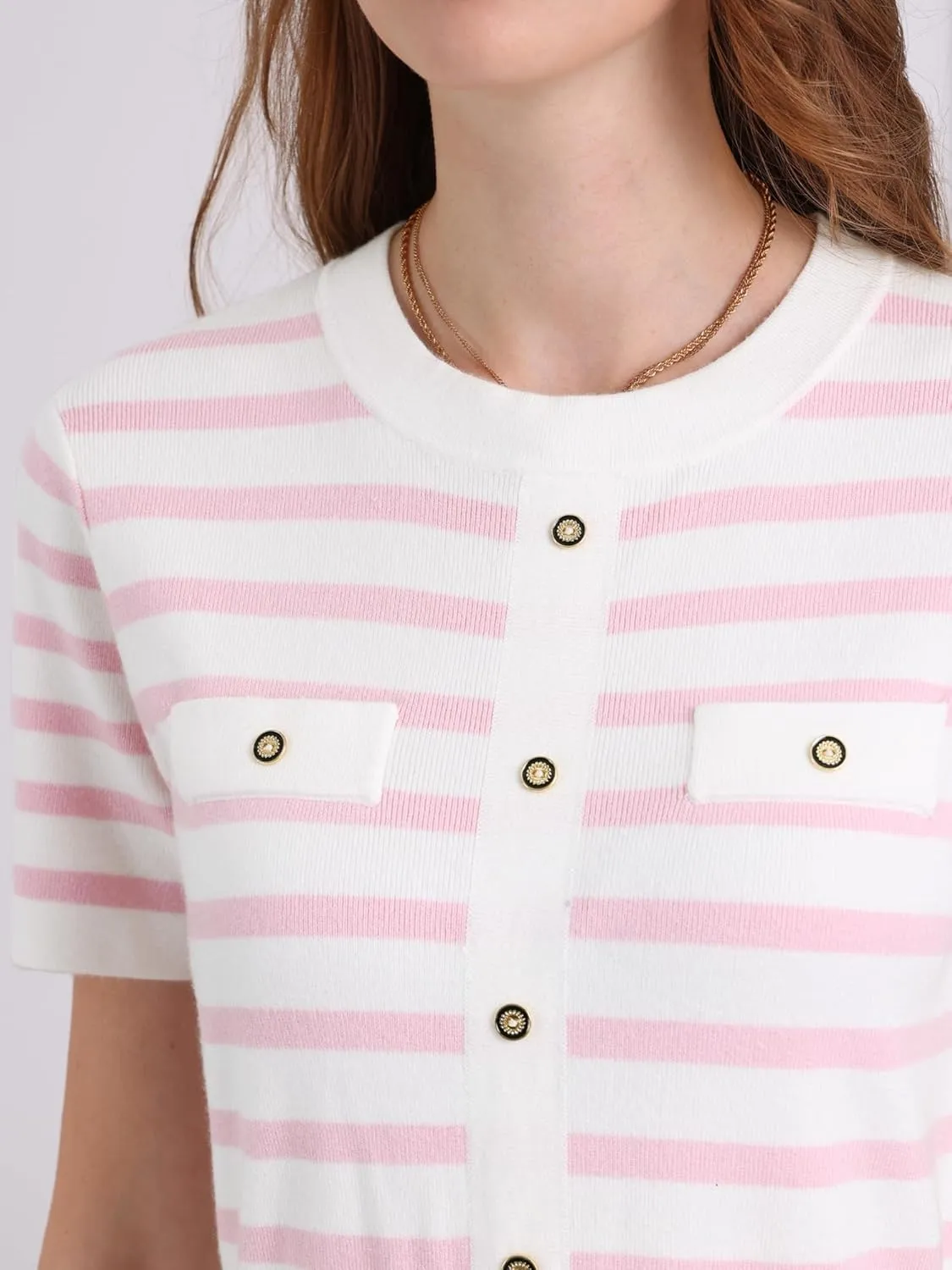 Women's Short Sleeve Sweater Dress Striped Printed Pleated Summer A-Line Knit Dresses