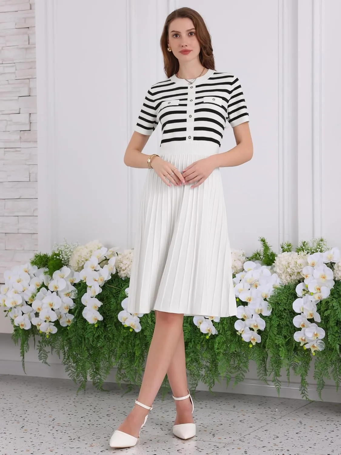 Women's Short Sleeve Sweater Dress Striped Printed Pleated Summer A-Line Knit Dresses