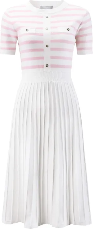 Women's Short Sleeve Sweater Dress Striped Printed Pleated Summer A-Line Knit Dresses