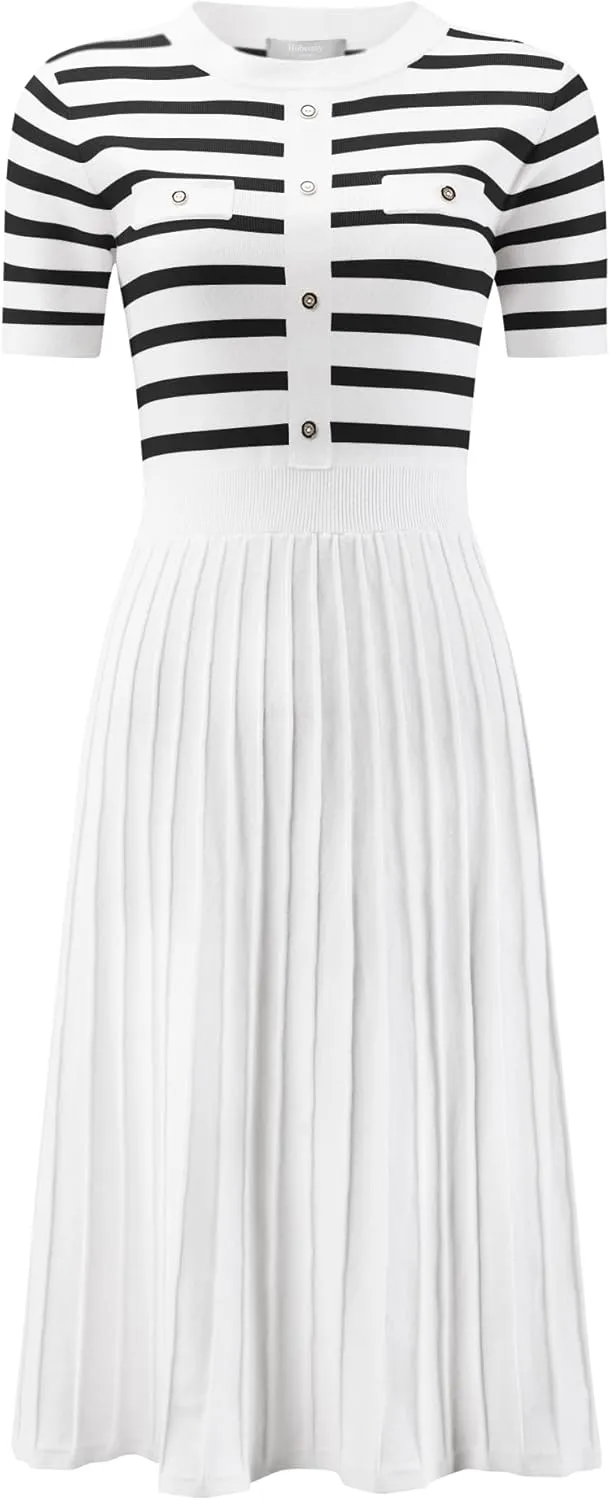 Women's Short Sleeve Sweater Dress Striped Printed Pleated Summer A-Line Knit Dresses