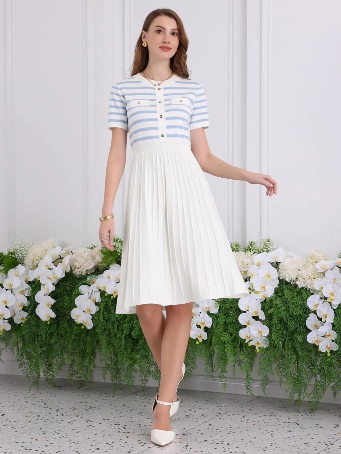 Women's Short Sleeve Sweater Dress Striped Printed Pleated Summer A-Line Knit Dresses