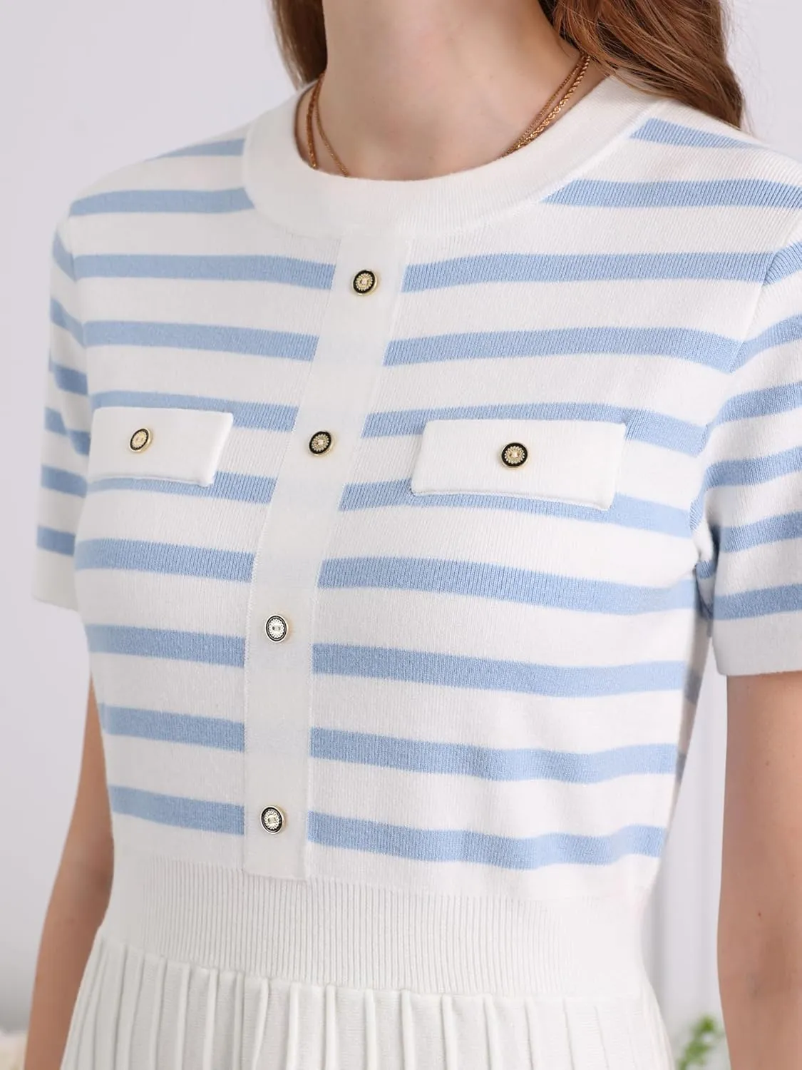 Women's Short Sleeve Sweater Dress Striped Printed Pleated Summer A-Line Knit Dresses