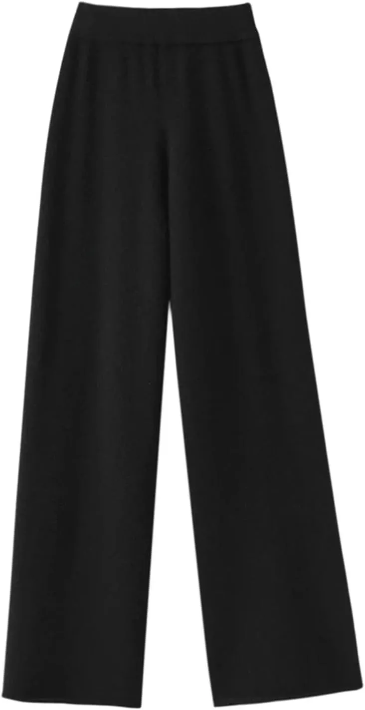 Women's Solid Wool Warm Wide-Leg Pants Casual Loose Straight High Waist Pants Knit Mop Trousers