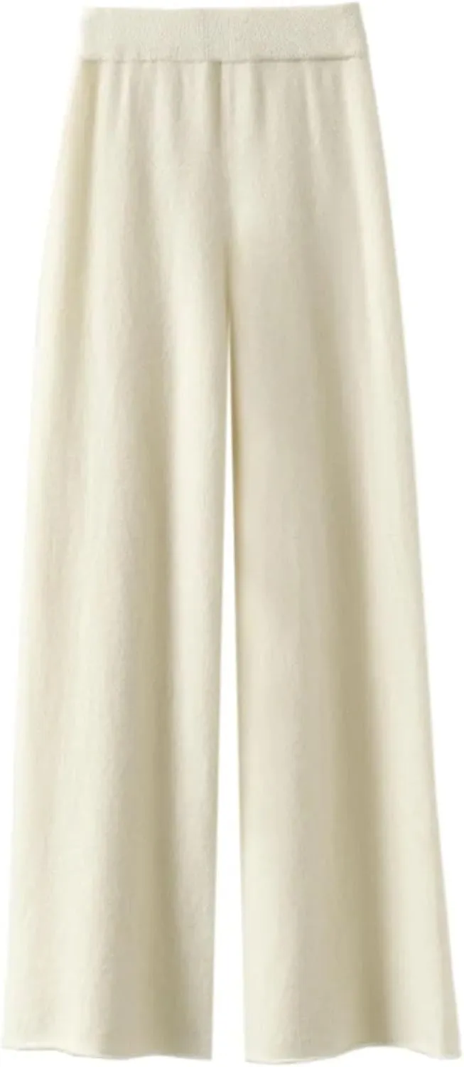 Women's Solid Wool Warm Wide-Leg Pants Casual Loose Straight High Waist Pants Knit Mop Trousers