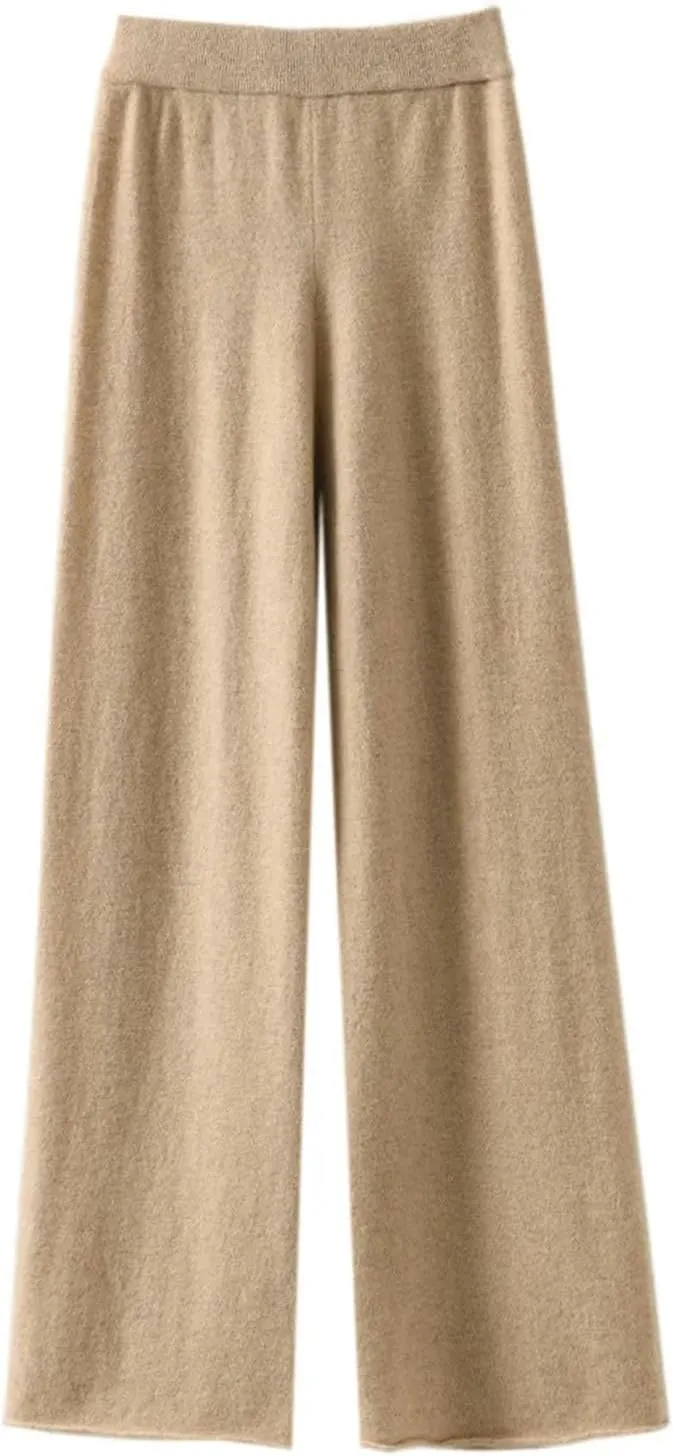 Women's Solid Wool Warm Wide-Leg Pants Casual Loose Straight High Waist Pants Knit Mop Trousers