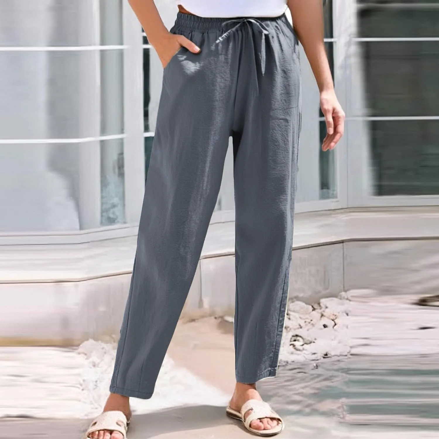 Women's Straight Leg Pants Elastic Drawstring Casual Trousers with Pockets Summer Beach Lounge Pants