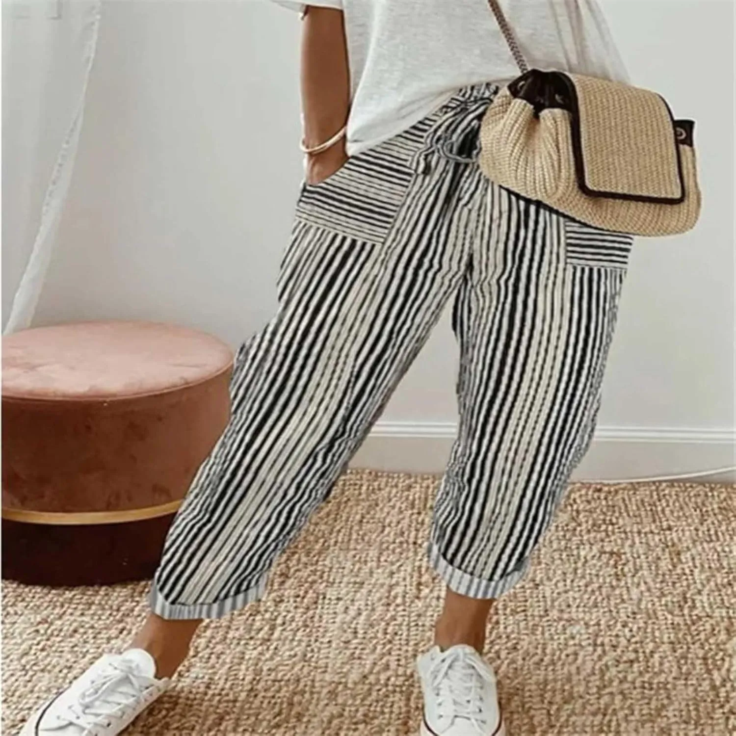 Women's Striped Wide Straight Leg Pants Palazzo High Waisted Drawstring Casual Long Trousers Baggy Loose Fit Bottoms