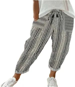 Women's Striped Wide Straight Leg Pants Palazzo High Waisted Drawstring Casual Long Trousers Baggy Loose Fit Bottoms