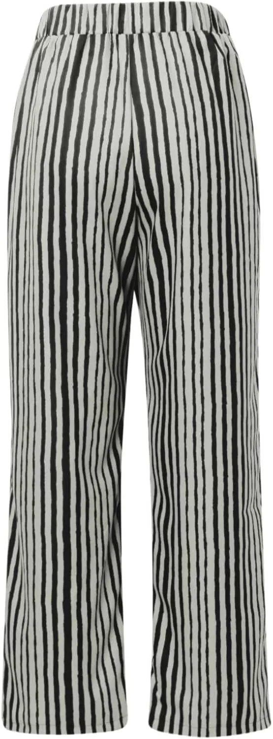 Women's Striped Wide Straight Leg Pants Palazzo High Waisted Drawstring Casual Long Trousers Baggy Loose Fit Bottoms