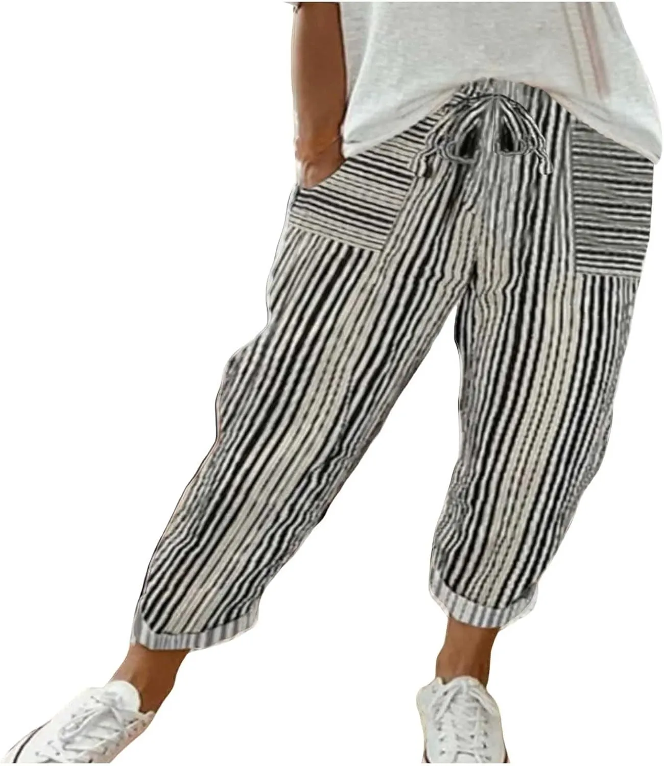 Women's Striped Wide Straight Leg Pants Palazzo High Waisted Drawstring Casual Long Trousers Baggy Loose Fit Bottoms