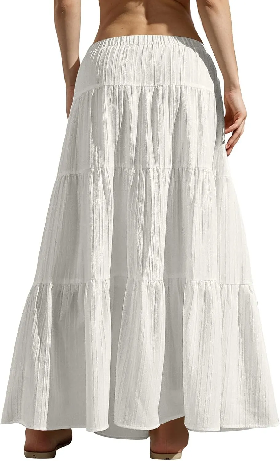 Womens Summer Boho Flowy Swing Tiered A-Line Maxi Skirt 2025 Trendy Elastic Waist Tie Ruffle Pleated Beach Dress