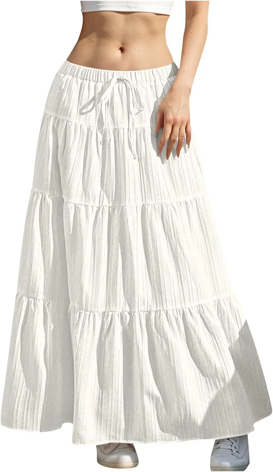 Womens Summer Boho Flowy Swing Tiered A-Line Maxi Skirt 2025 Trendy Elastic Waist Tie Ruffle Pleated Beach Dress