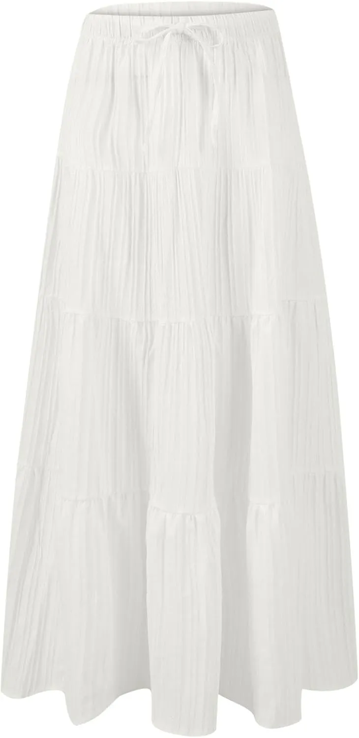 Womens Summer Boho Flowy Swing Tiered A-Line Maxi Skirt 2025 Trendy Elastic Waist Tie Ruffle Pleated Beach Dress