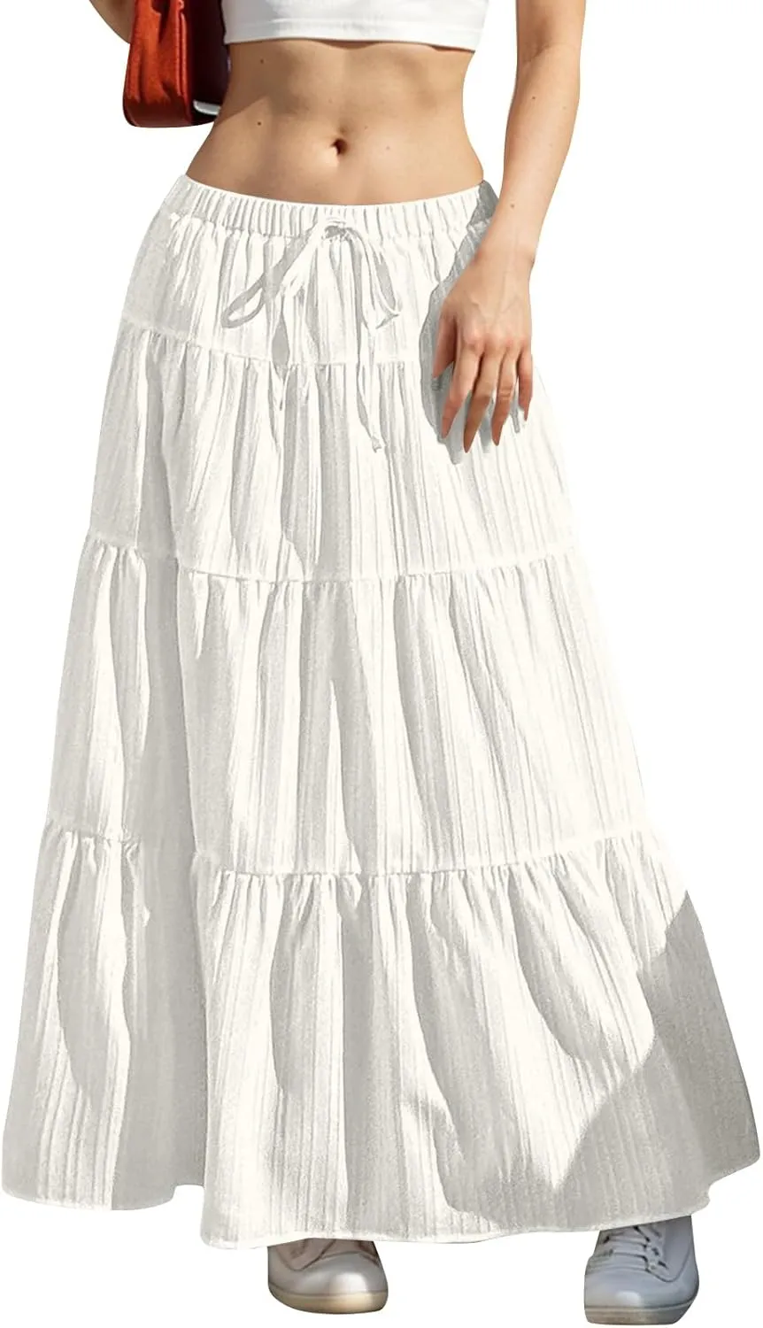 Womens Summer Boho Flowy Swing Tiered A-Line Maxi Skirt 2025 Trendy Elastic Waist Tie Ruffle Pleated Beach Dress