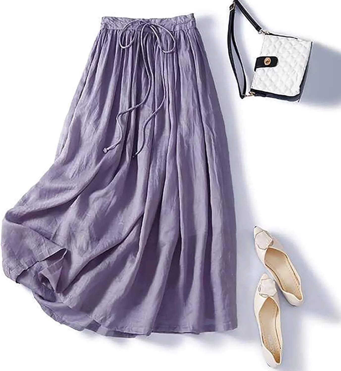 Women's Summer Boho Maxi Skirt Drawstring Waist A-Line Flowy Beach Long Skirts Cotton Linen Pleated Swing Dresses