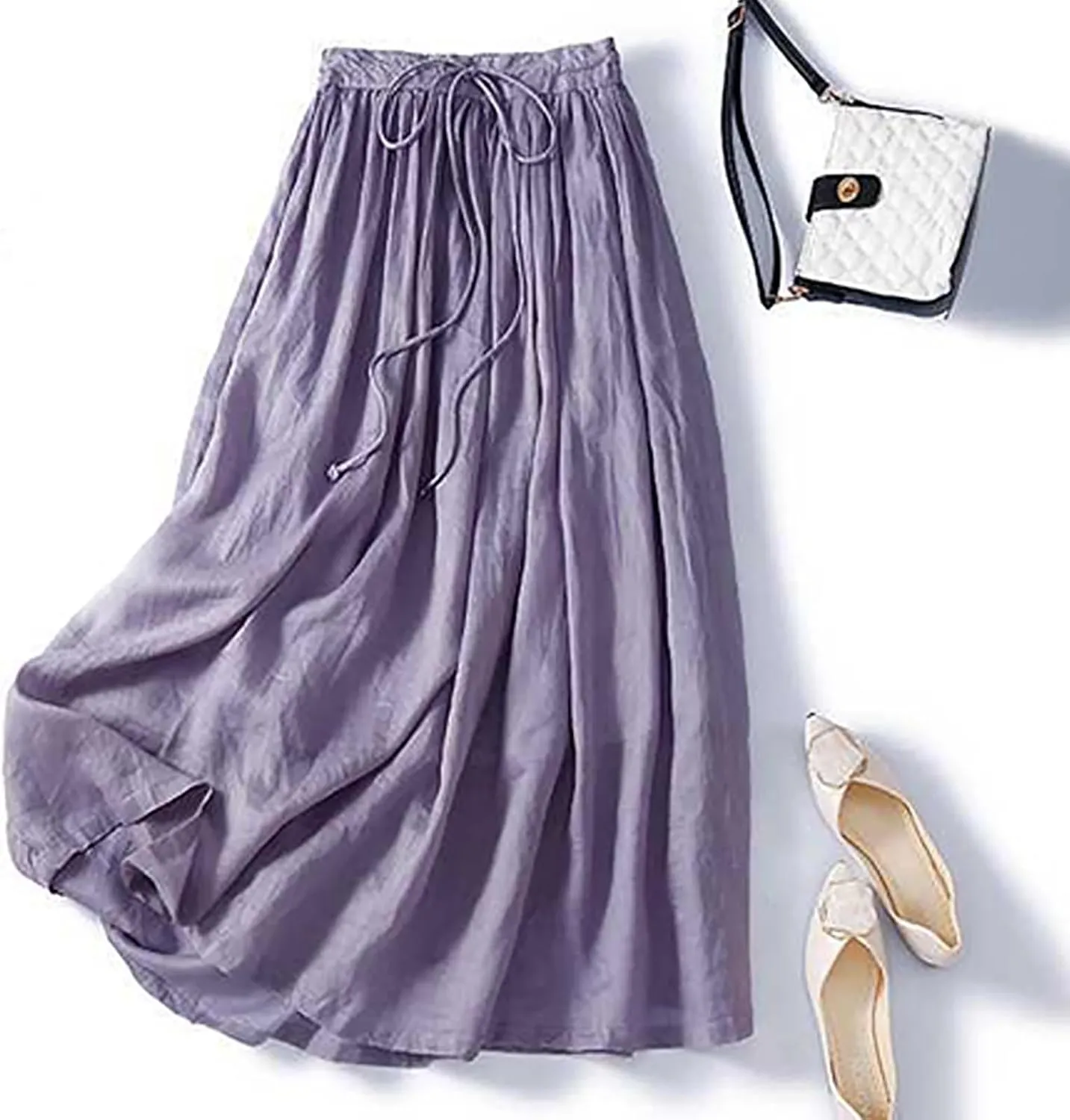 Women's Summer Boho Maxi Skirt Drawstring Waist A-Line Flowy Beach Long Skirts Cotton Linen Pleated Swing Dresses