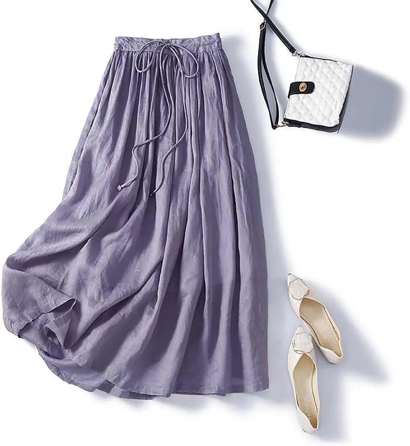 Women's Summer Boho Maxi Skirt Drawstring Waist A-Line Flowy Beach Long Skirts Cotton Linen Pleated Swing Dresses