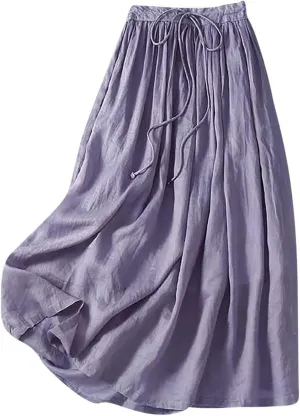 Women's Summer Boho Maxi Skirt Drawstring Waist A-Line Flowy Beach Long Skirts Cotton Linen Pleated Swing Dresses