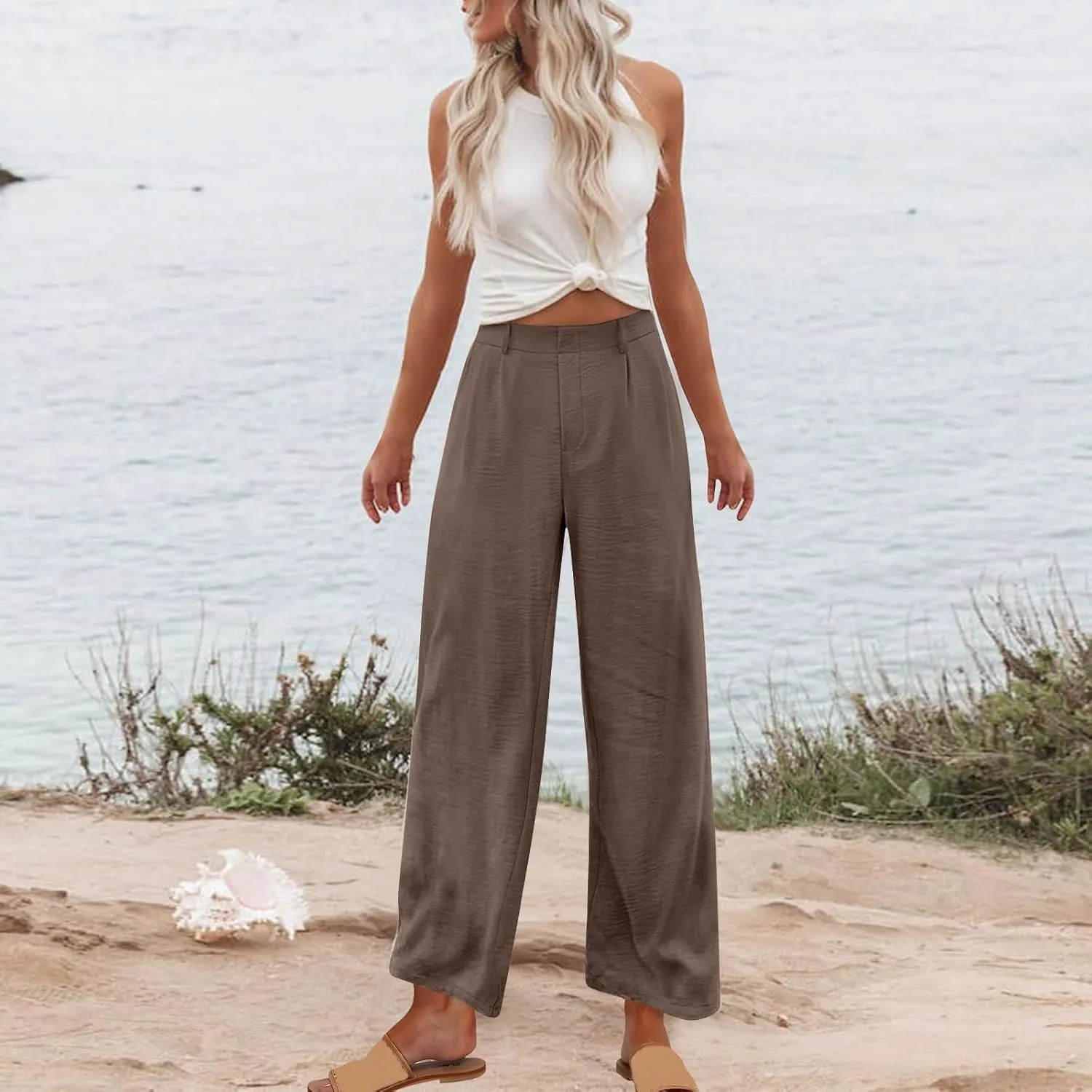 Women's Summer Lightweight Casual High Waist Pants with Pockets Trendy Solid Color Baggy Elastic Straight Leg Trouser