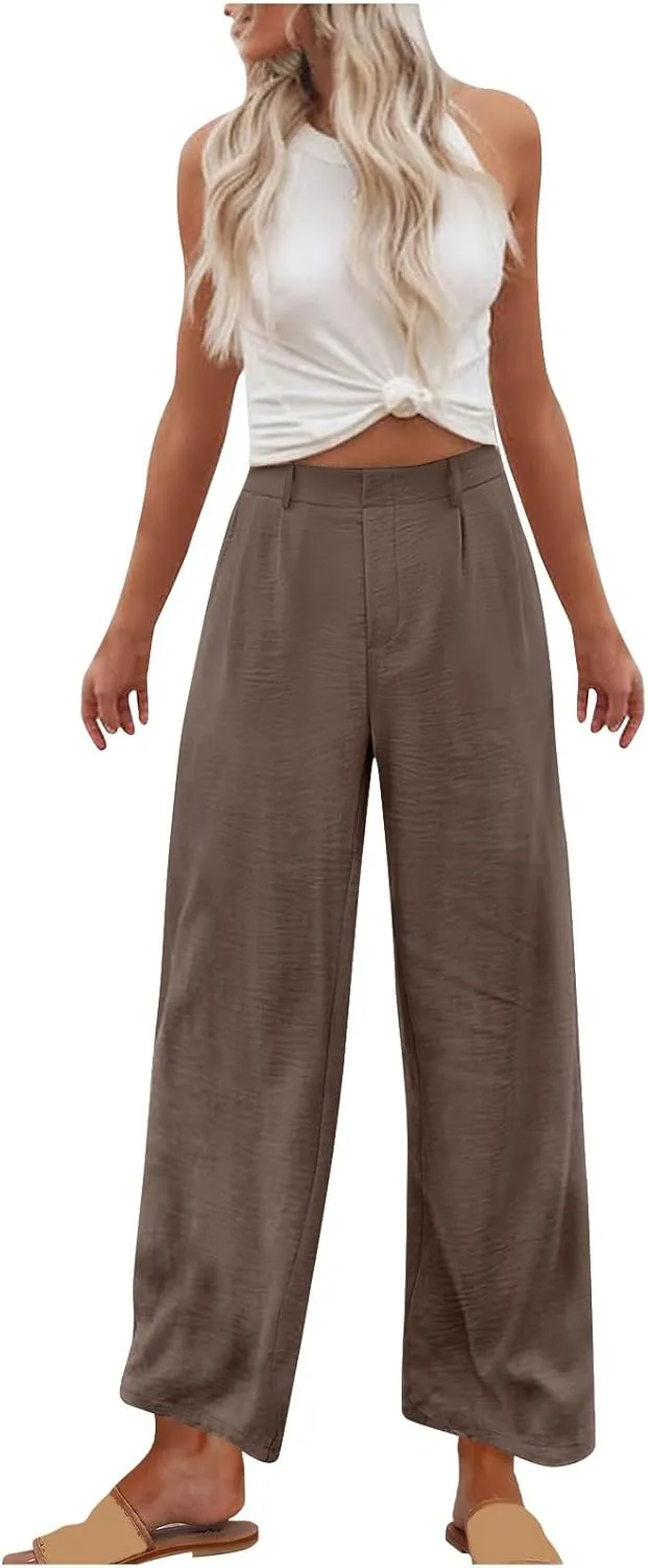 Women's Summer Lightweight Casual High Waist Pants with Pockets Trendy Solid Color Baggy Elastic Straight Leg Trouser