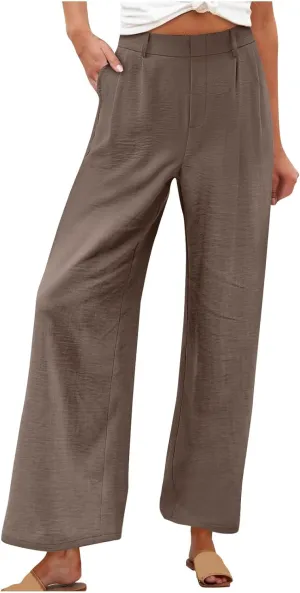 Women's Summer Lightweight Casual High Waist Pants with Pockets Trendy Solid Color Baggy Elastic Straight Leg Trouser