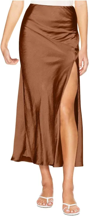 Women's Summer Pleated Long Satin Skirt High Slit Elastic Waist Casual Cocktail Party Wedding A-Line Flowy Maxi Skirts