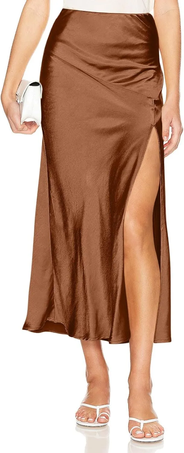 Women's Summer Pleated Long Satin Skirt High Slit Elastic Waist Casual Cocktail Party Wedding A-Line Flowy Maxi Skirts