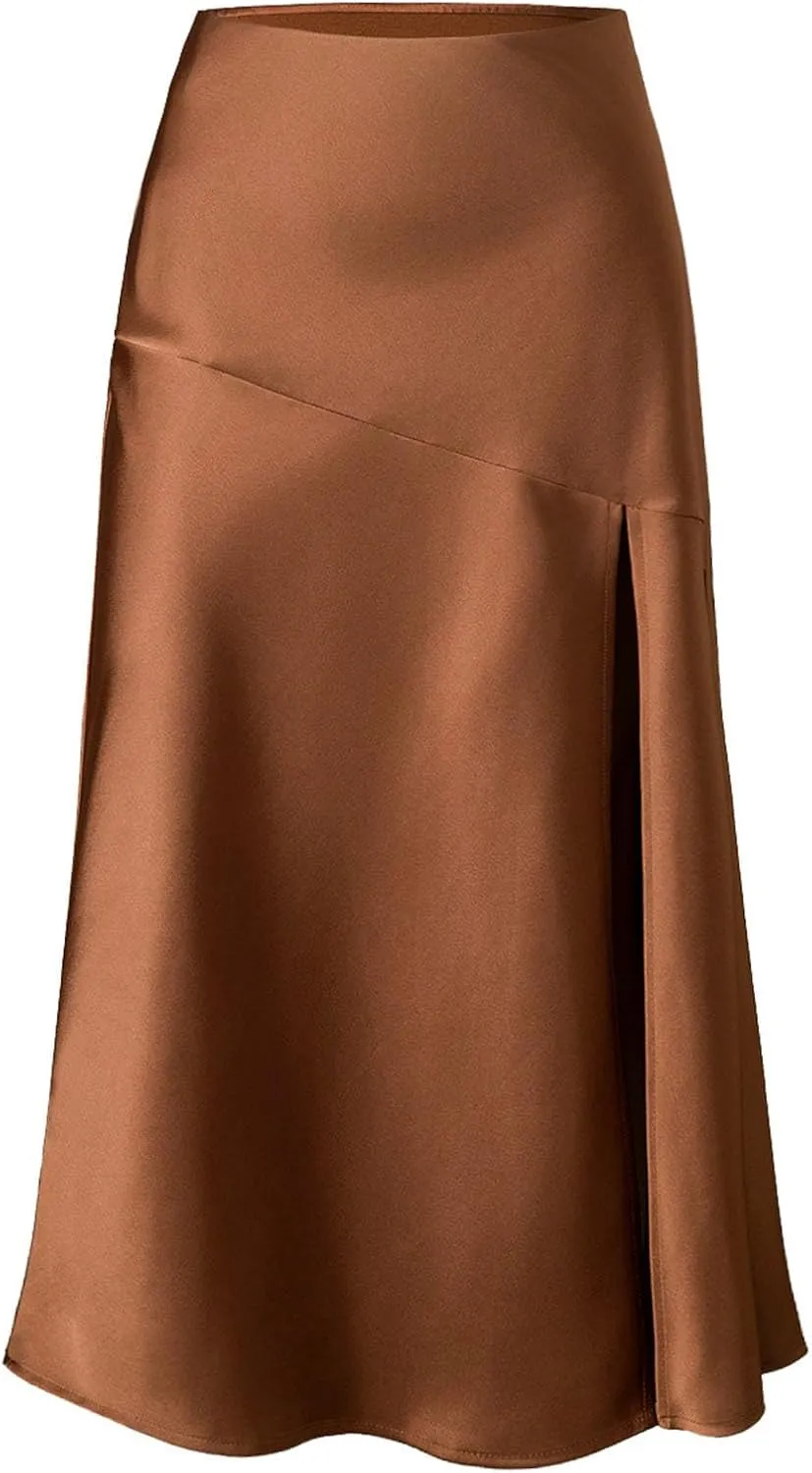 Women's Summer Pleated Long Satin Skirt High Slit Elastic Waist Casual Cocktail Party Wedding A-Line Flowy Maxi Skirts