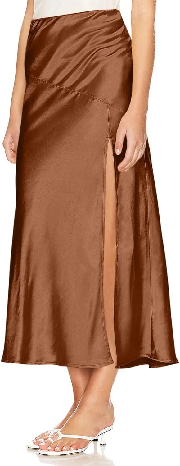 Women's Summer Pleated Long Satin Skirt High Slit Elastic Waist Casual Cocktail Party Wedding A-Line Flowy Maxi Skirts