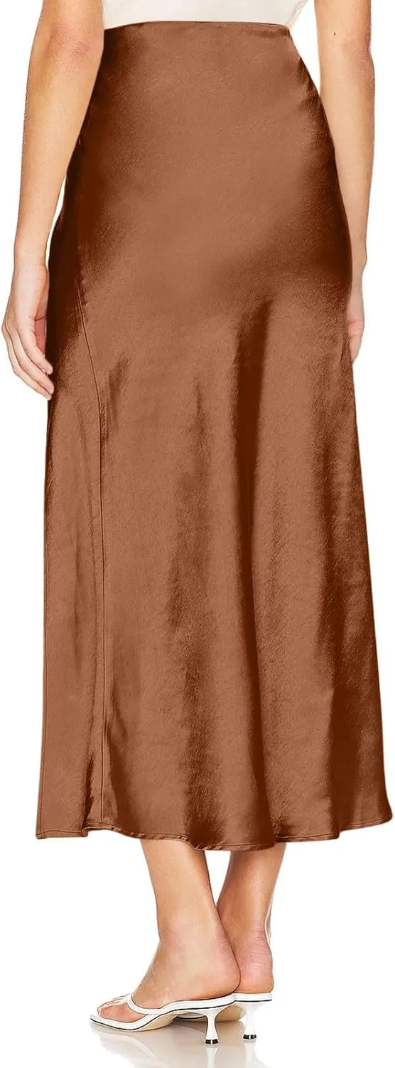 Women's Summer Pleated Long Satin Skirt High Slit Elastic Waist Casual Cocktail Party Wedding A-Line Flowy Maxi Skirts