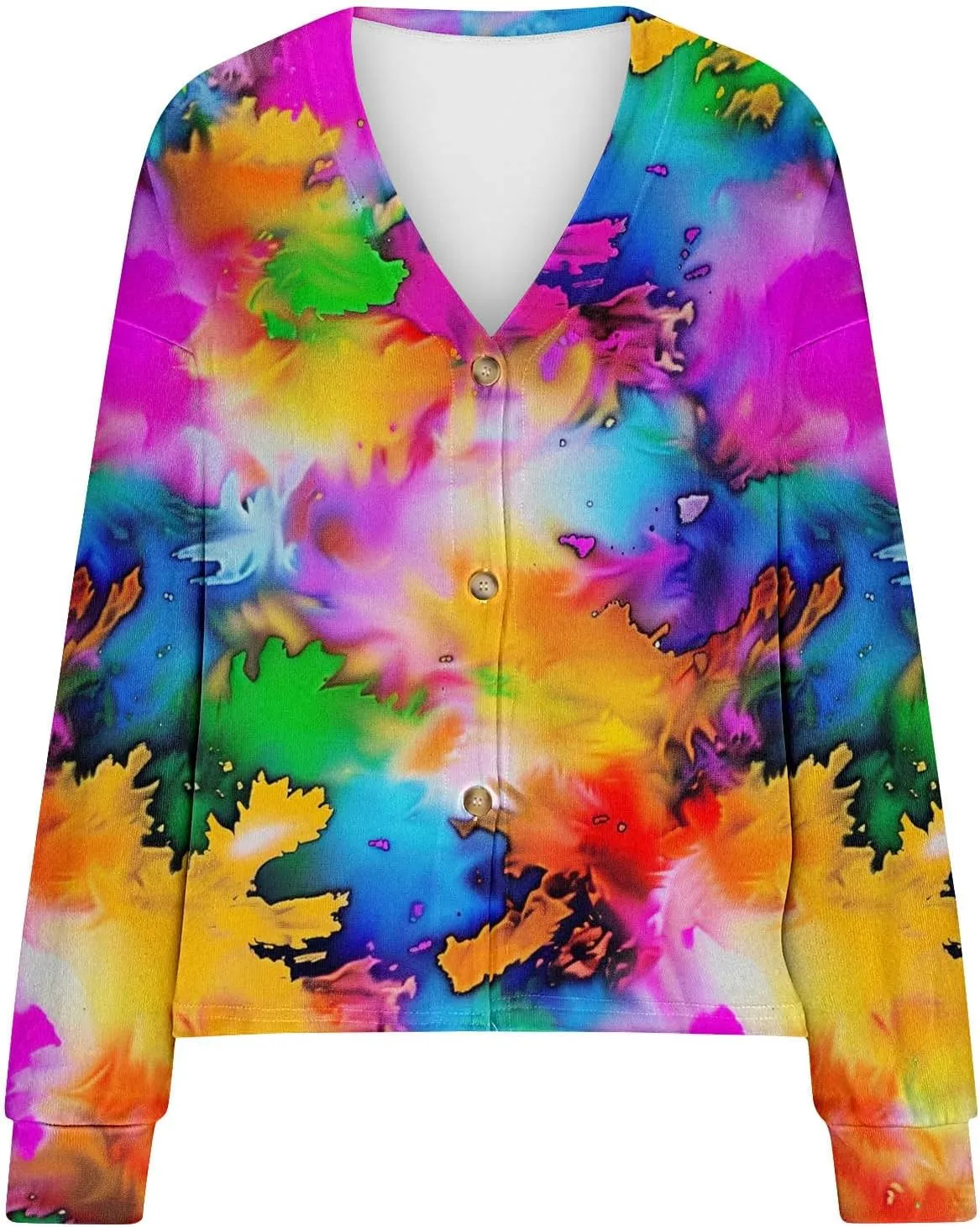 Womens Tie Dye Cardigan Sweaters V Neck Open Front Button Up Fuzzy Knit Coats Fall Lightweight Casual Loose Outwear