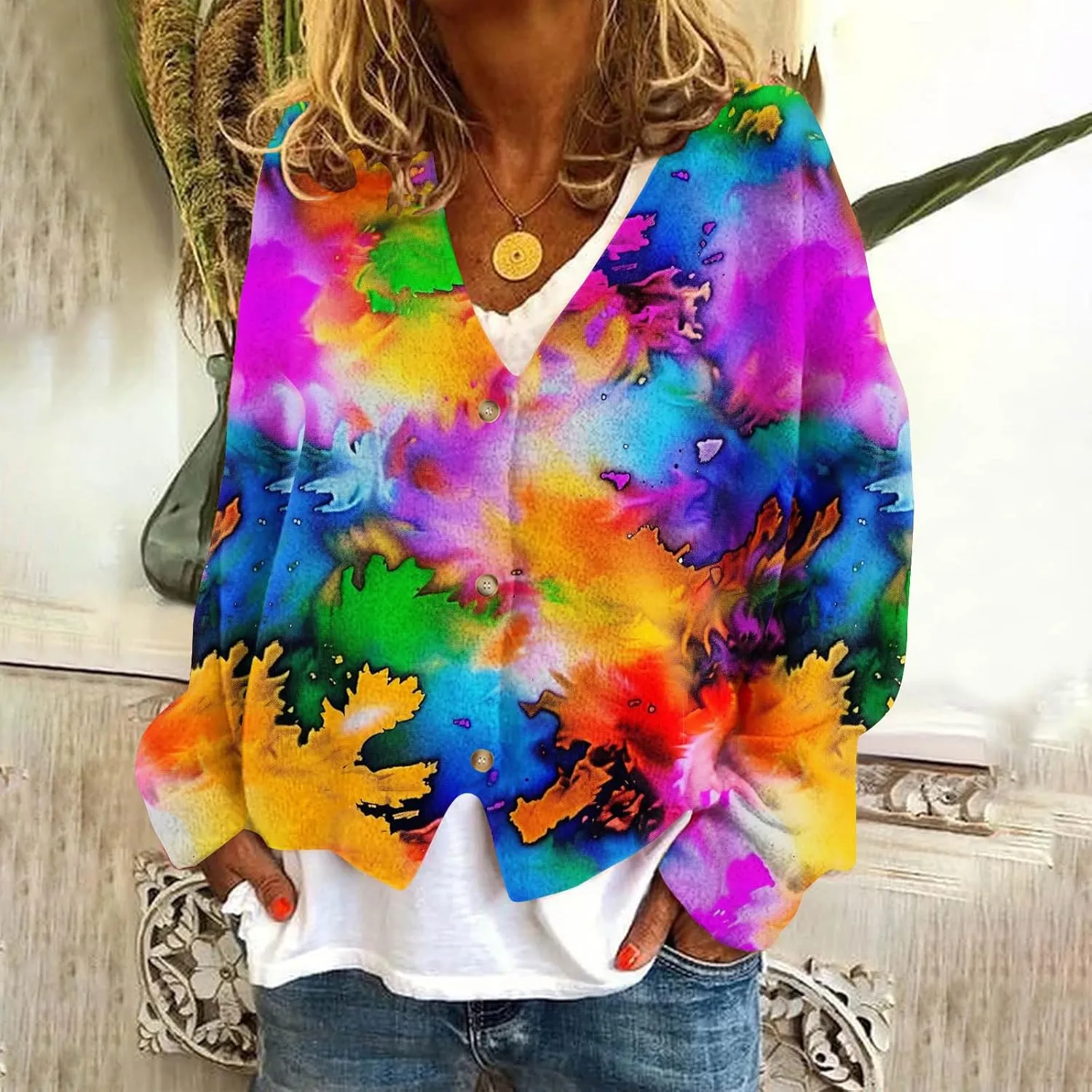 Womens Tie Dye Cardigan Sweaters V Neck Open Front Button Up Fuzzy Knit Coats Fall Lightweight Casual Loose Outwear