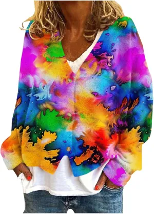 Womens Tie Dye Cardigan Sweaters V Neck Open Front Button Up Fuzzy Knit Coats Fall Lightweight Casual Loose Outwear