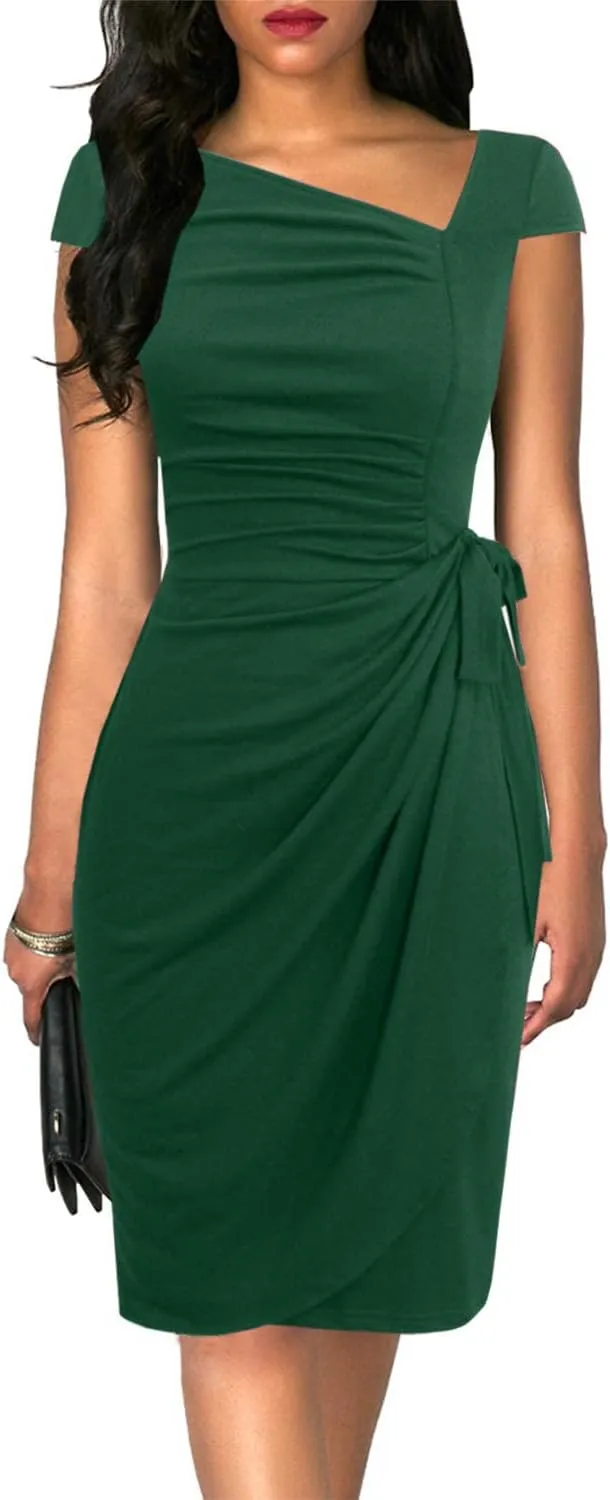 Women's Vintage Cap Sleeves Asymmetrical Neckline Sheath Bodycon Casual Work Cocktail Party Pencil Faux Wrap Dresses